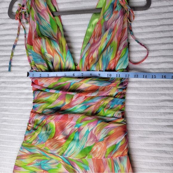 VTG Y2K ABS Allen Schwartz Rainbow Swirl Ruched Dress Handkerchief Hem Size 2 - Picture 7 of 13